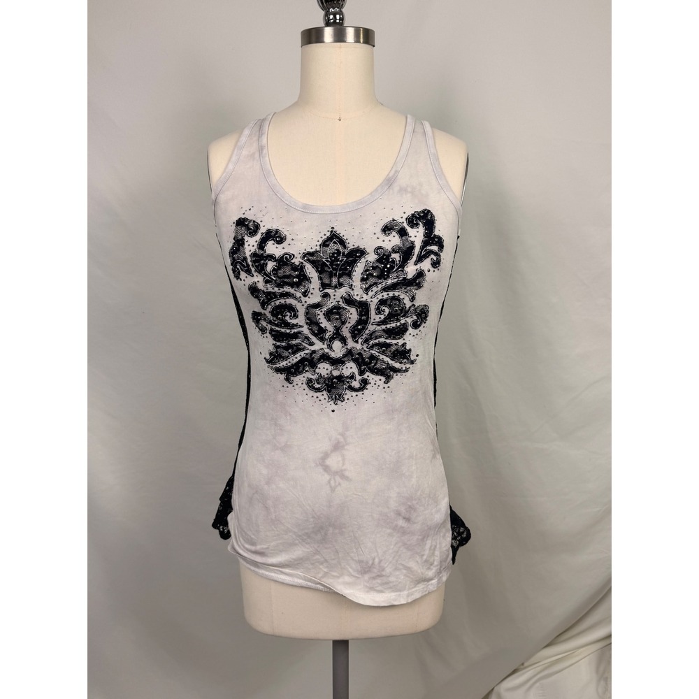 Maurices Small Gray Black Lace Western Back Rhinestone GraphicTank Top Y2K style